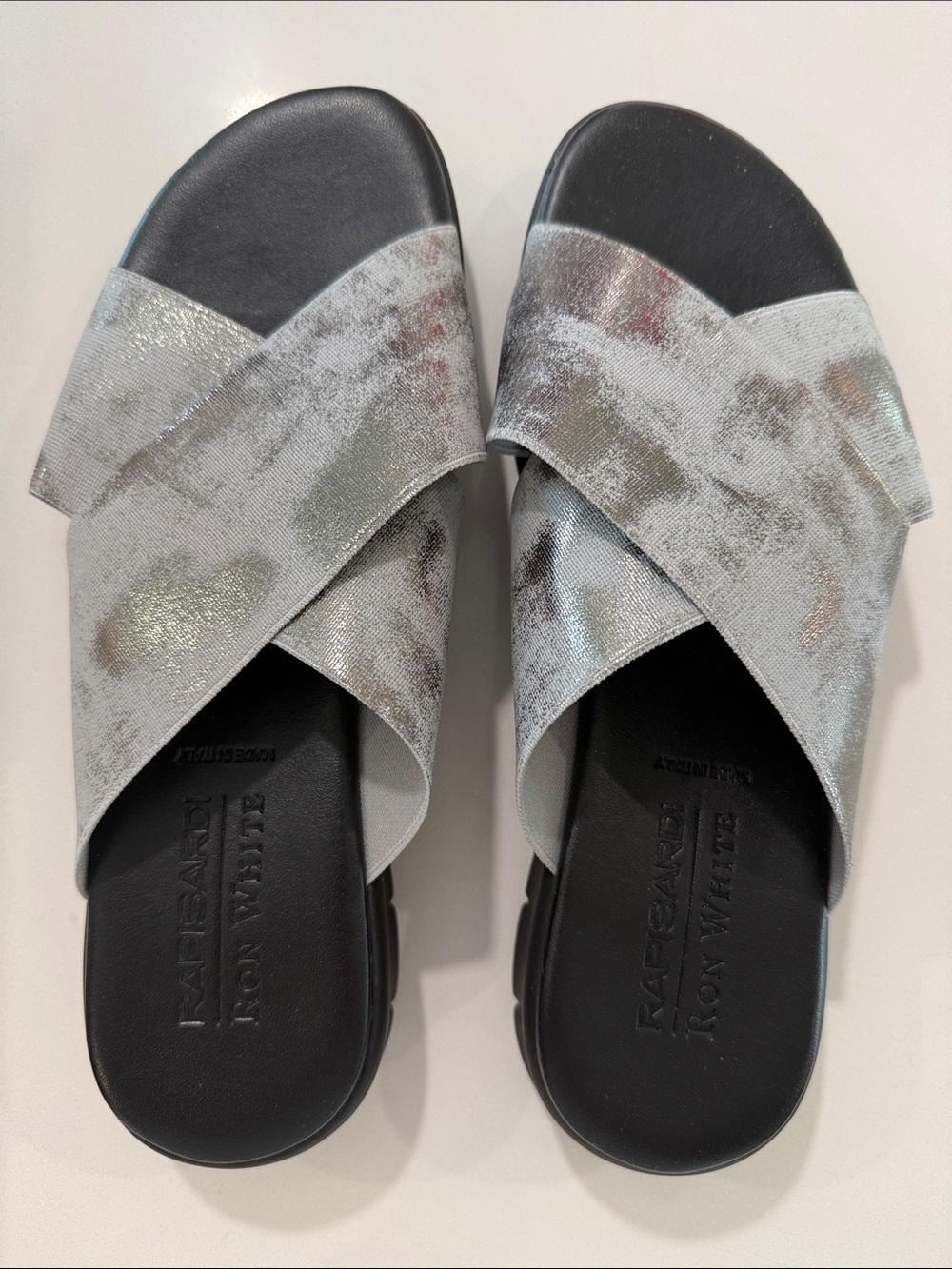 Raf & Ron White Silver Metallic Crisscross Slide Sandals